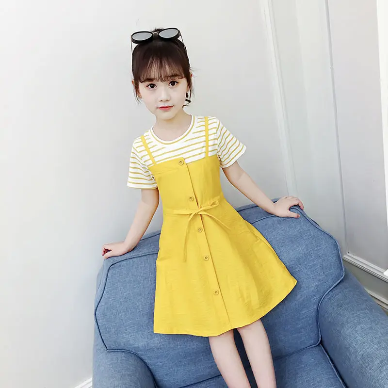 

Girls Summer 2022 Dress New Cute Patchwork Short Sleeve Striped Fake Two Dresses Elegant Children's Clothing Princess Dresses 12