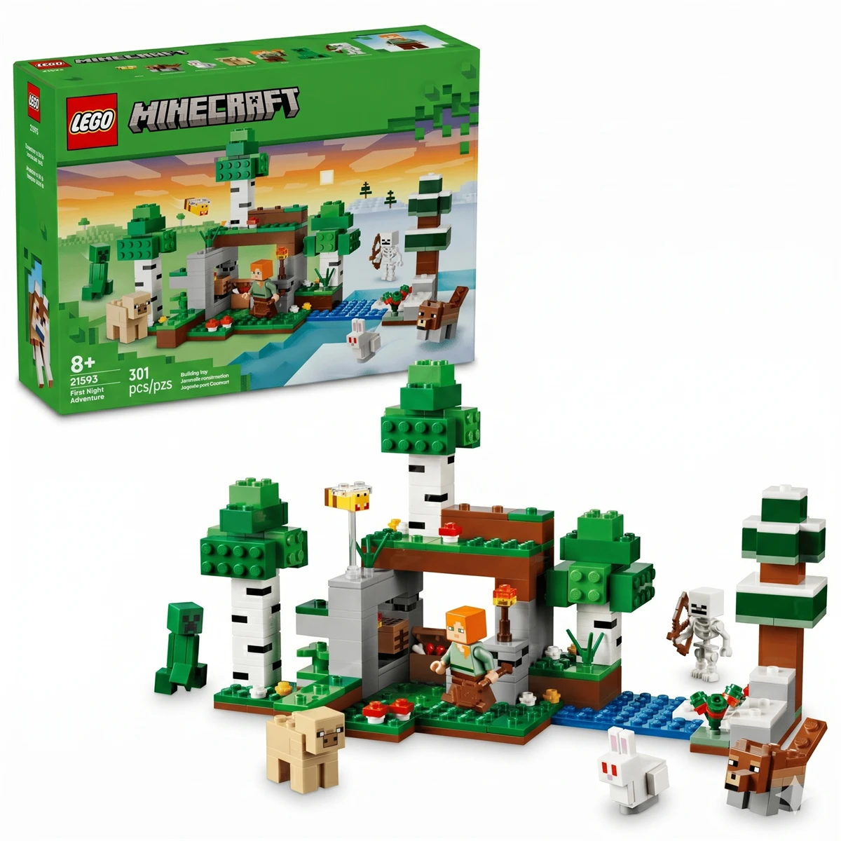 Фото Игровой набор LEGO Minecraft: Приключение в первый разряд, включающий фигурки Алекс, Скелета и Крипера ™ Вудс Волф, Колд Пиг, Албино Кролик, А Би, 301 деталь, 21593 №1