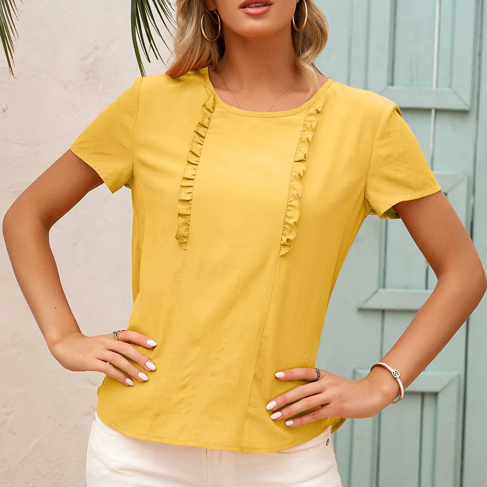 

2021 summer new splicing wood ear lace round neck short sleeve GRAY22