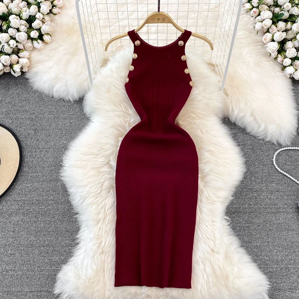 

Chic Halter Sleeveless Elastic Slim Knit Bodycon Dress French Sexy Chic Elegant Party Vestido Women Vintage Summer Dress