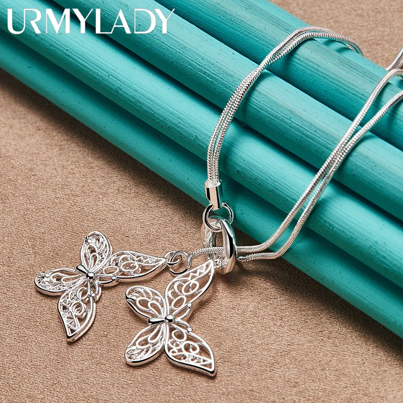 

URMYLADY 925 Sterling Silver Double Butterfly 18 Inch Snake Chain Pendant Necklace For Women Wedding Party Fashion Charm Jewelry