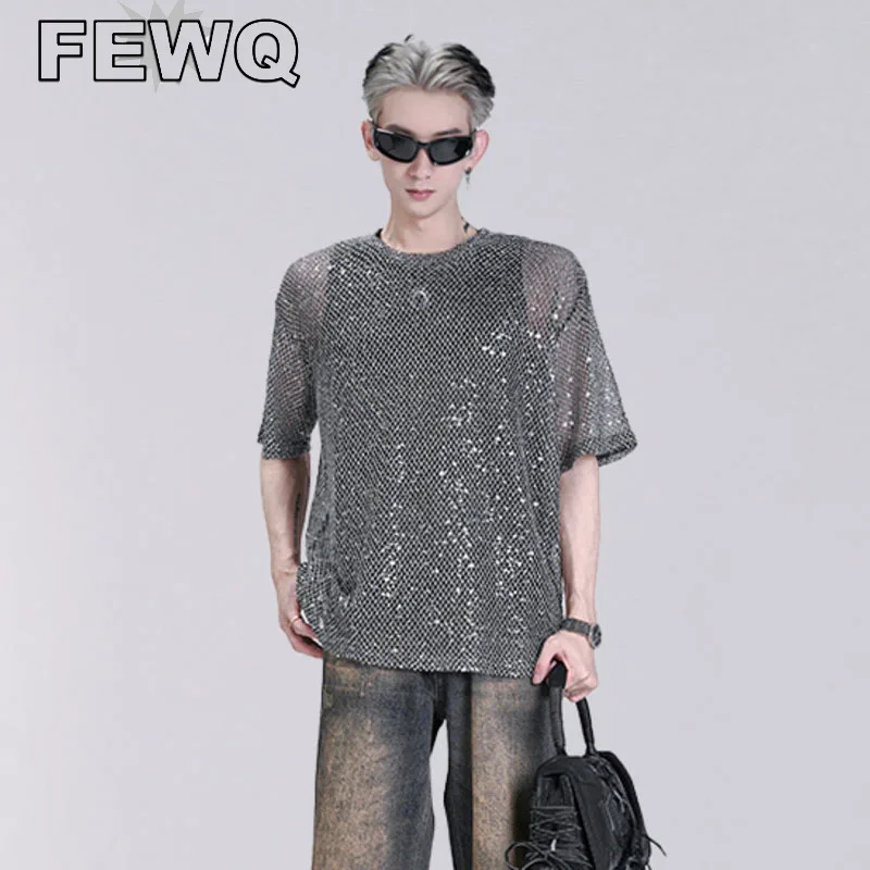 

FEWQ Sequines Men's Short Sleeve T-shirts High Street Male Hollow Out Niche Design Casual Tops O-neck Summer 2023 Trendy 24B2908