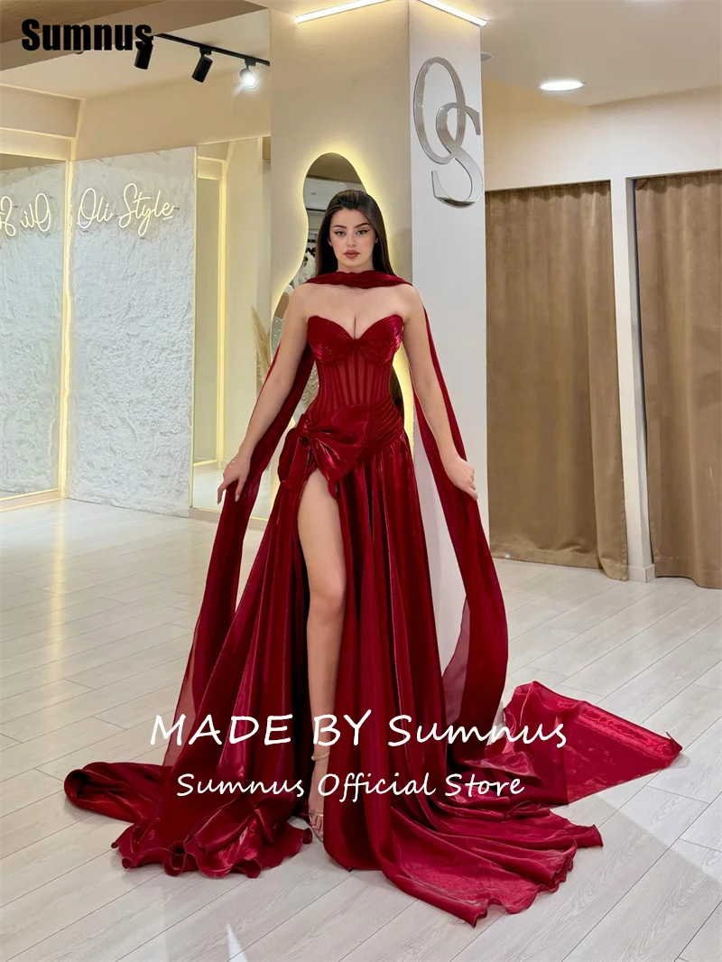 Фото Вечерние платья Sumnus Charming A-Line красного цвета из органзы с эффектом «жидкости», с иллюзионным бантом и высоким разрезом, макси-платья для выпускного бала 2026, нарядные платья, индивидуальный пошив №3