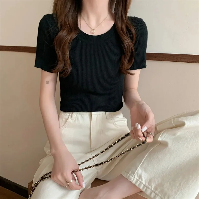 

Summer Ice Silk Knitted Sweater Female Solid Color Round Neck Short-sleeved Simple Commuter T-shirt Top Women's Clothing M189