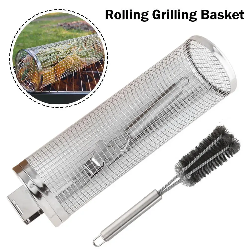 

New BBQ Rolling Grilling Basket Stainless Steel Leakproof Mesh Barbecue Grill Baskets Outdoor Picnic Camping Portable BBQ Grills