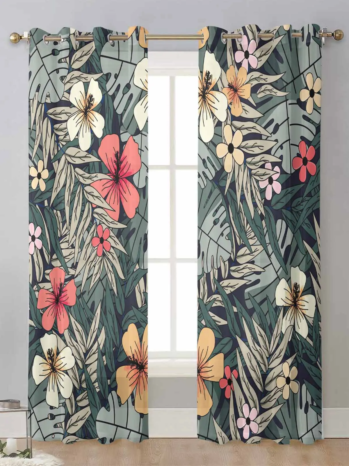 

Tropical Plants Leaves Flowers Sheer Curtains For Living Room Window Transparent Voile Tulle Curtain Cortinas Drapes Home Decor
