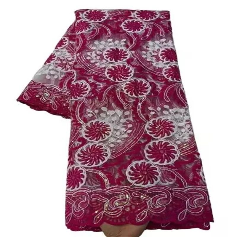 

Luxury African Sequined Wine Red Lace Fabric With Sequins High Quality 5 Yards Nigerian Pink/White Embroidered Mesh Materials