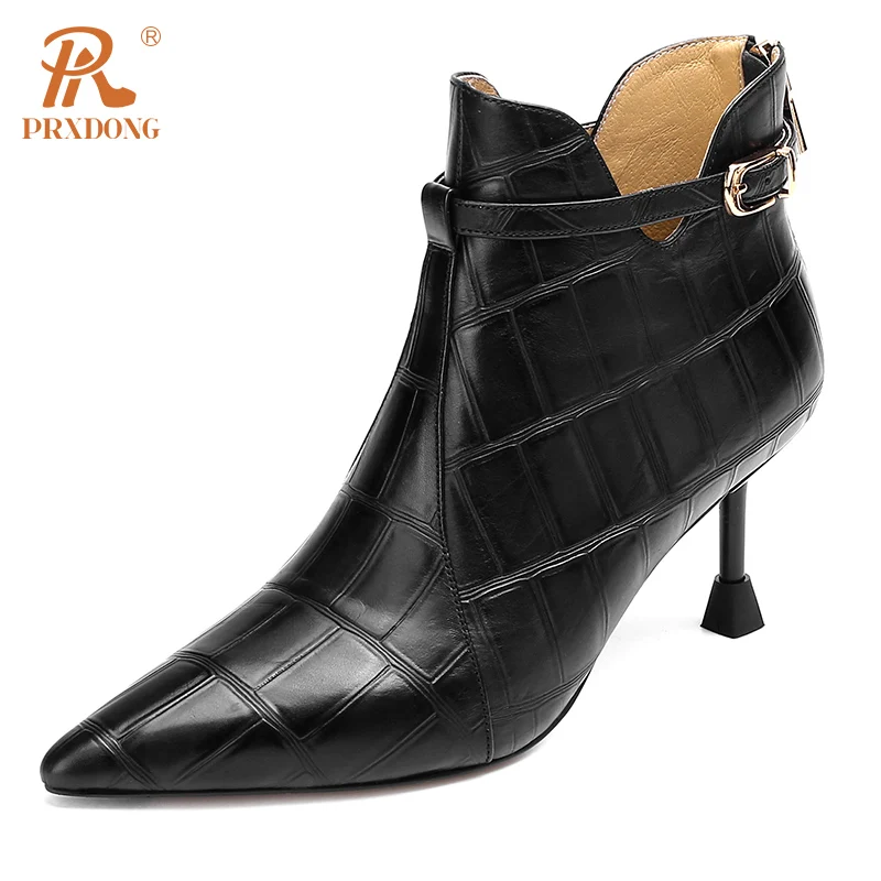 

Women's 2023 New Autumn WInter Warm Ankle Boots Genuine Leather High Heels Pointed Toe Black White Dress Party Office Lady Shoes