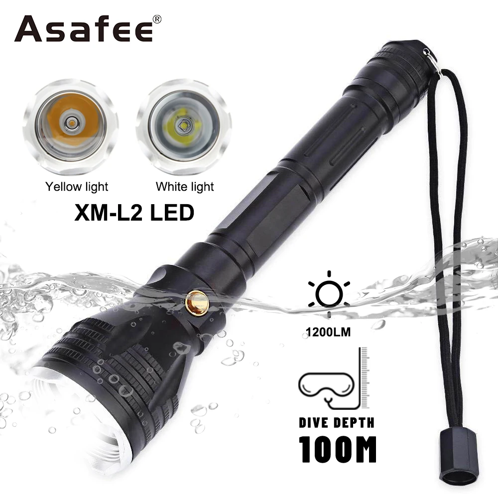 

Asafee FL022D 100M Underwater Diving Flashlight XM-L2 LED 1200LM Scuba Torch 3 modes IPX8 Waterproof Lantern Outdoor