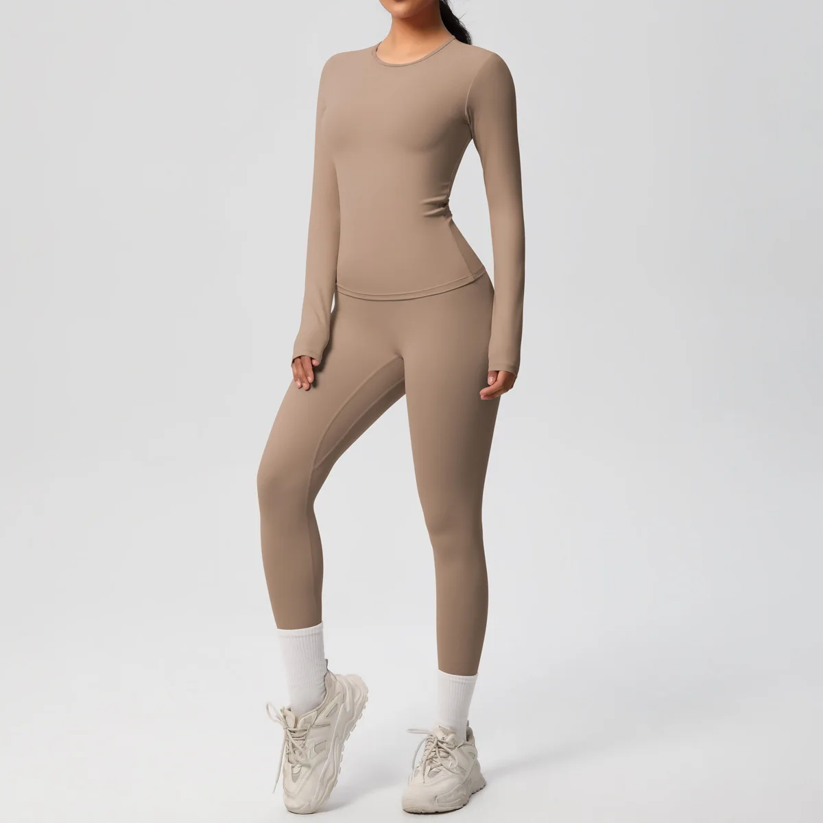 Фото JUREN 2PCS Спортивный костюм для йоги, женский спортивный комплект, женский тренажерный костюм, спортивная одежда для бега и тренировок, футболка с длинным рукавом, одежда для йоги. №5