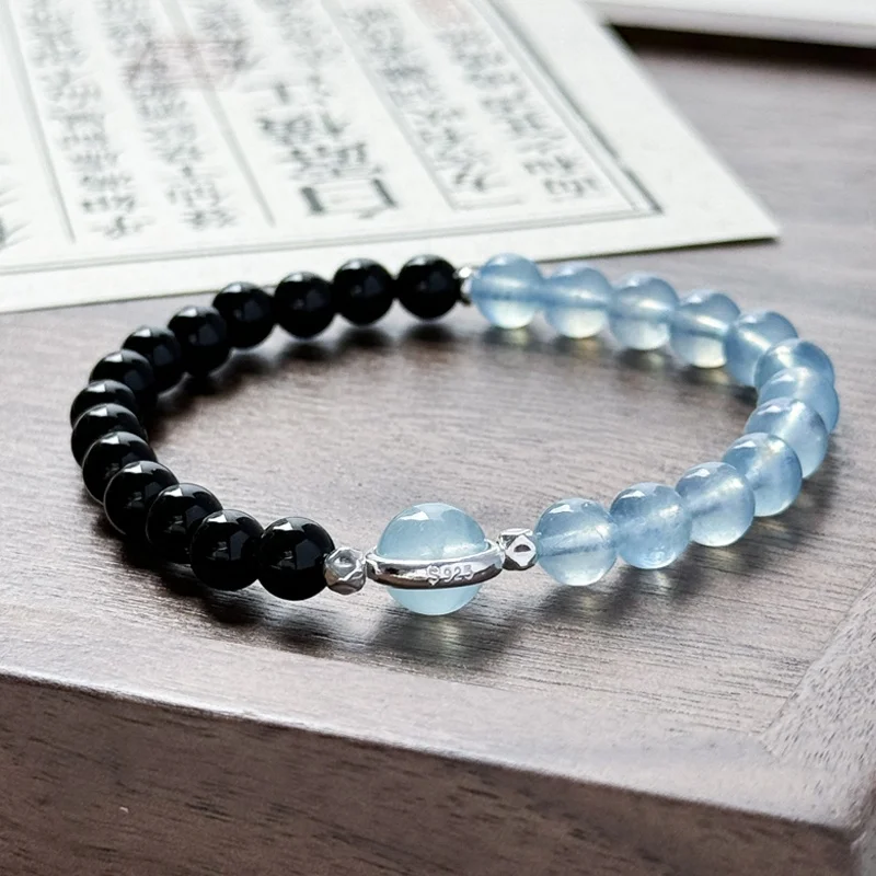 Obsidian Double Ring Bracelet Natural Aquamarine S925 Sterling Silver High-Grade Girlfriends Gift Original Design