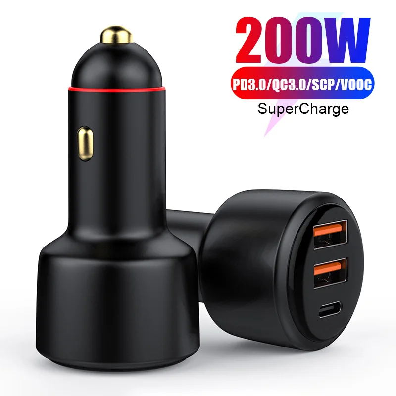 

200W USB PD 36W Car Charger 3port Super Fast Charger2.0 100W 65W SuperCharge QC3.0 FCP SCP For Honor Xiaomi Vivo Huawei IPhone