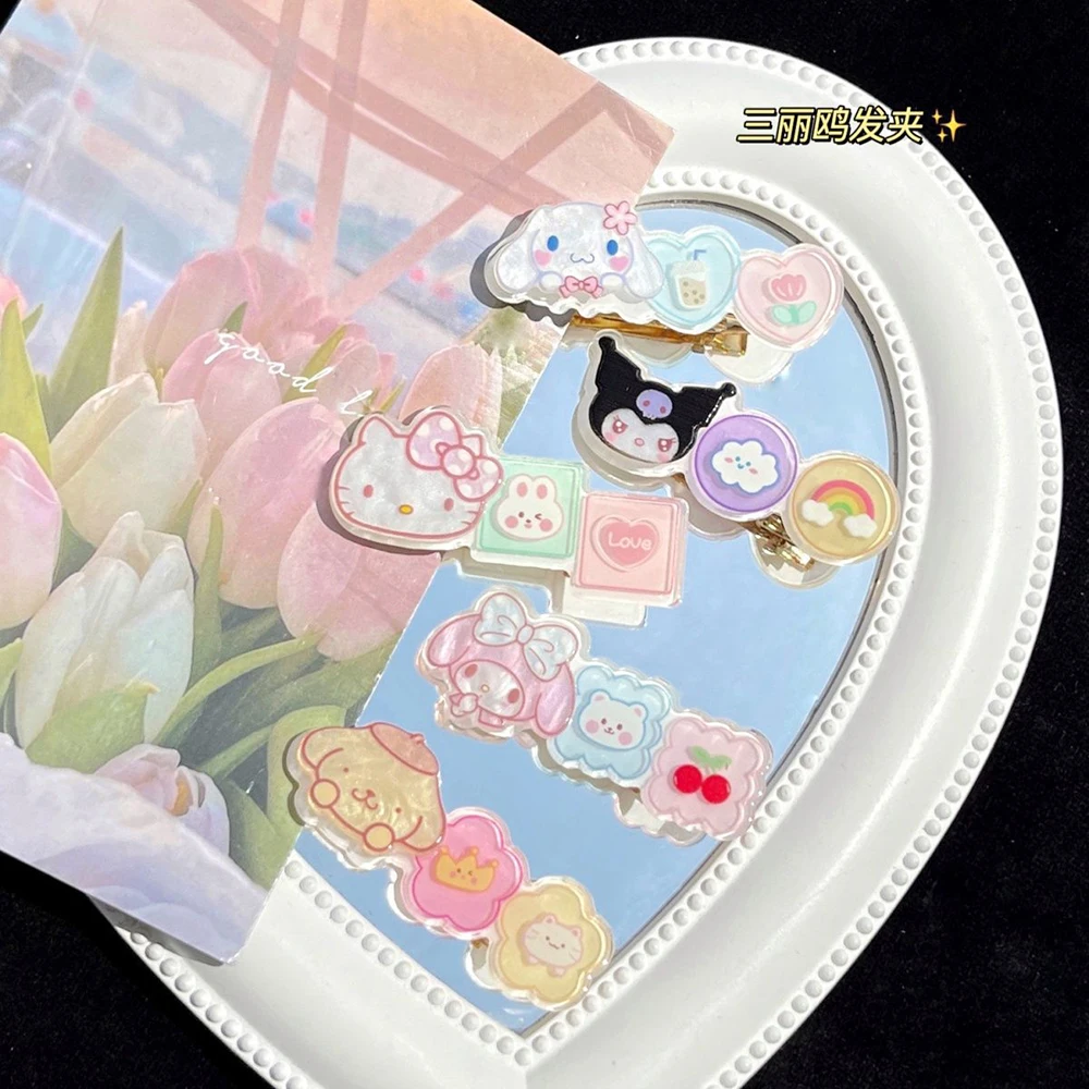

Kawaii Sanrioed Anime Cartoon Hello Kitty Cinnamoroll Mymelody Kuromi Pompom Purin Hair Clip Acrylic Side Bang Bb Clip for Girls