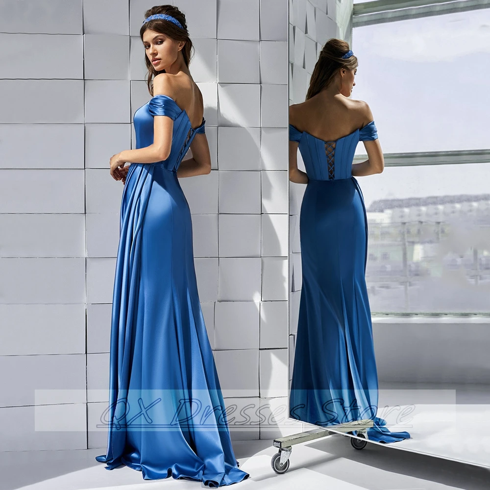 Женское атласное вечернее платье длинное синее плиссированное платье-трапеция