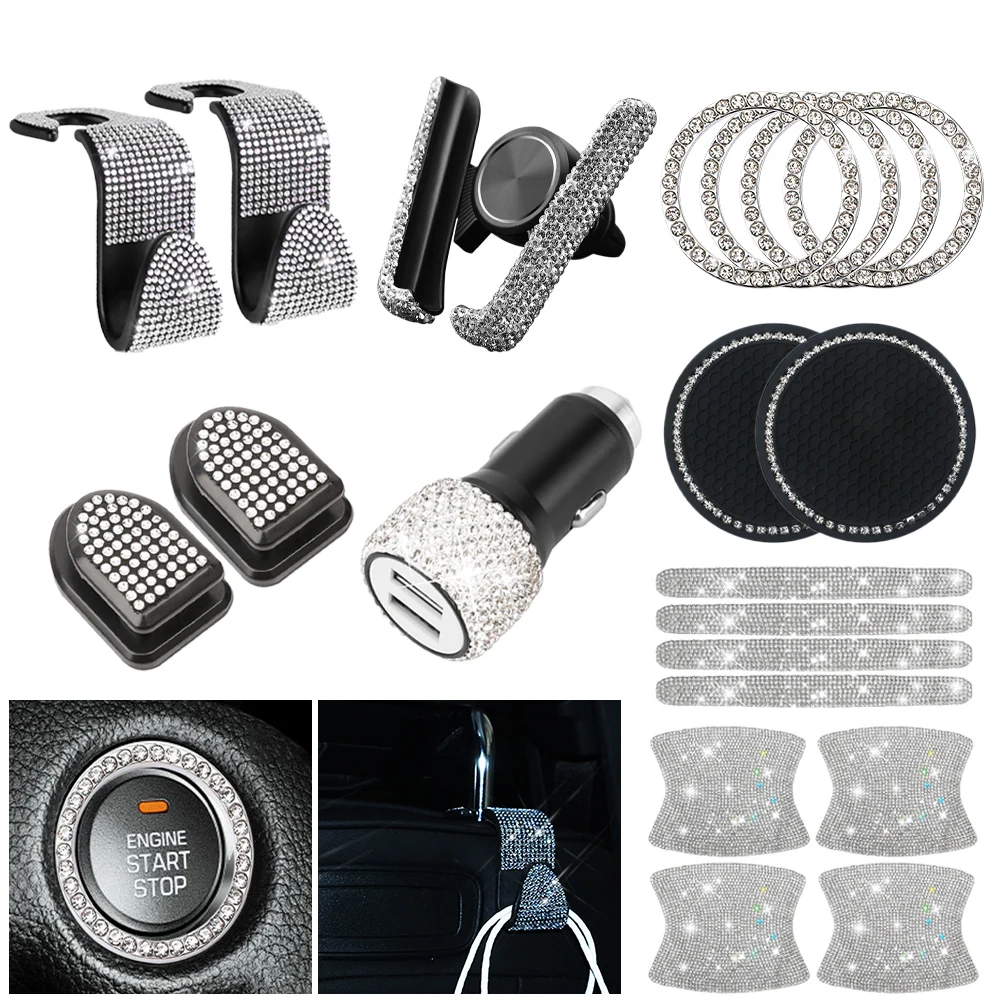

20Pcs Bling Car Interior Accessories for Women Rhinestone Accessories Set Car Phone Holder Car Charger Hook Cup Pad Handle Guard