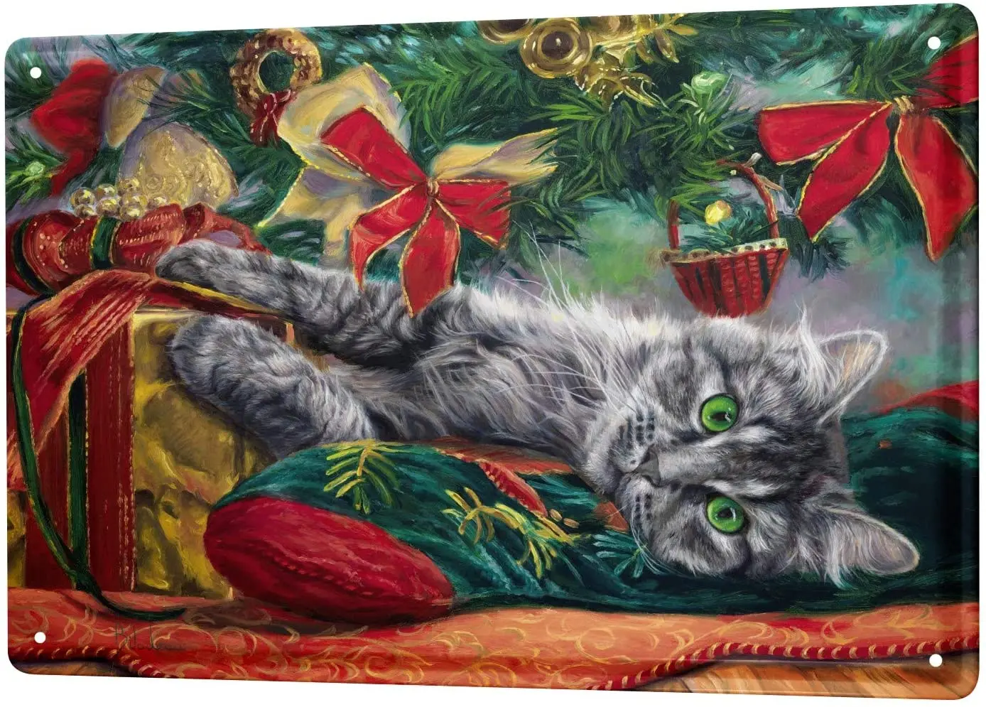 

SINCE 2004 Tin Sign Metal Plate Decorative Sign Home Decor Plaques Cat Decoration Cat Lying Under Christmas Tree Metal Plate