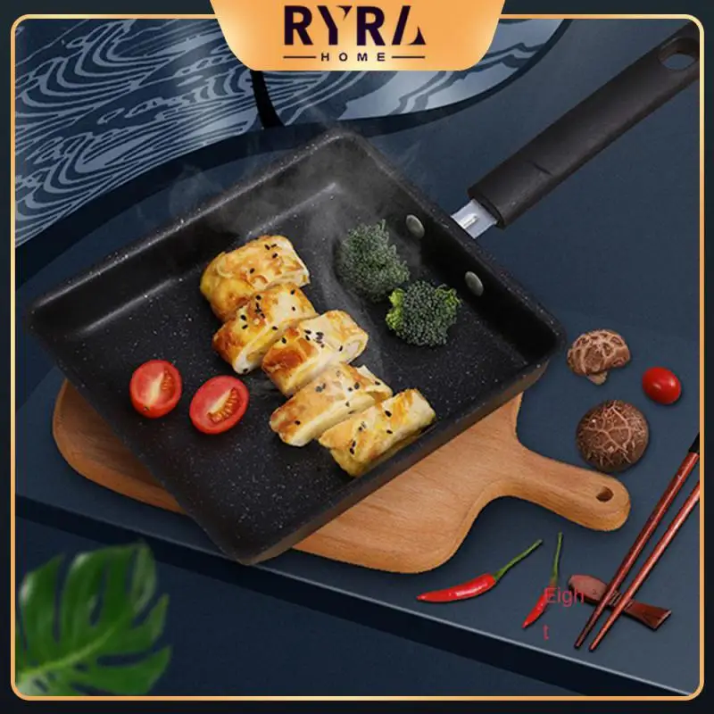 

Breakfast Make Square Pan Iron Fry Egg Pan Solid Wood Handle Non-stick Pan Cooking Household Tools Thickened Kitchen Pot Black