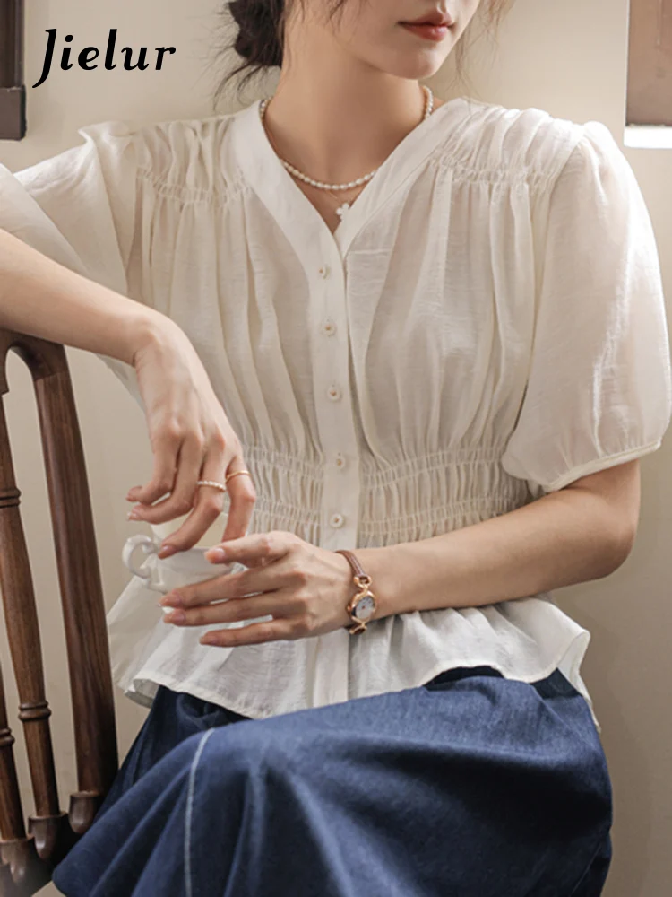 Jielur Рубашка Женская плиссированная с зауженной талией однотонная блуза пышными