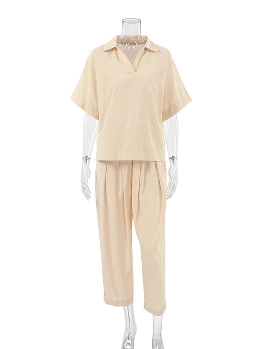 Marthaqiqi Khaki Pajamas For Women Cotton Short Sleeve Sleepwear Sexy Turn-Down Collar Nightwear Trousers Femme Pyjamas Suits