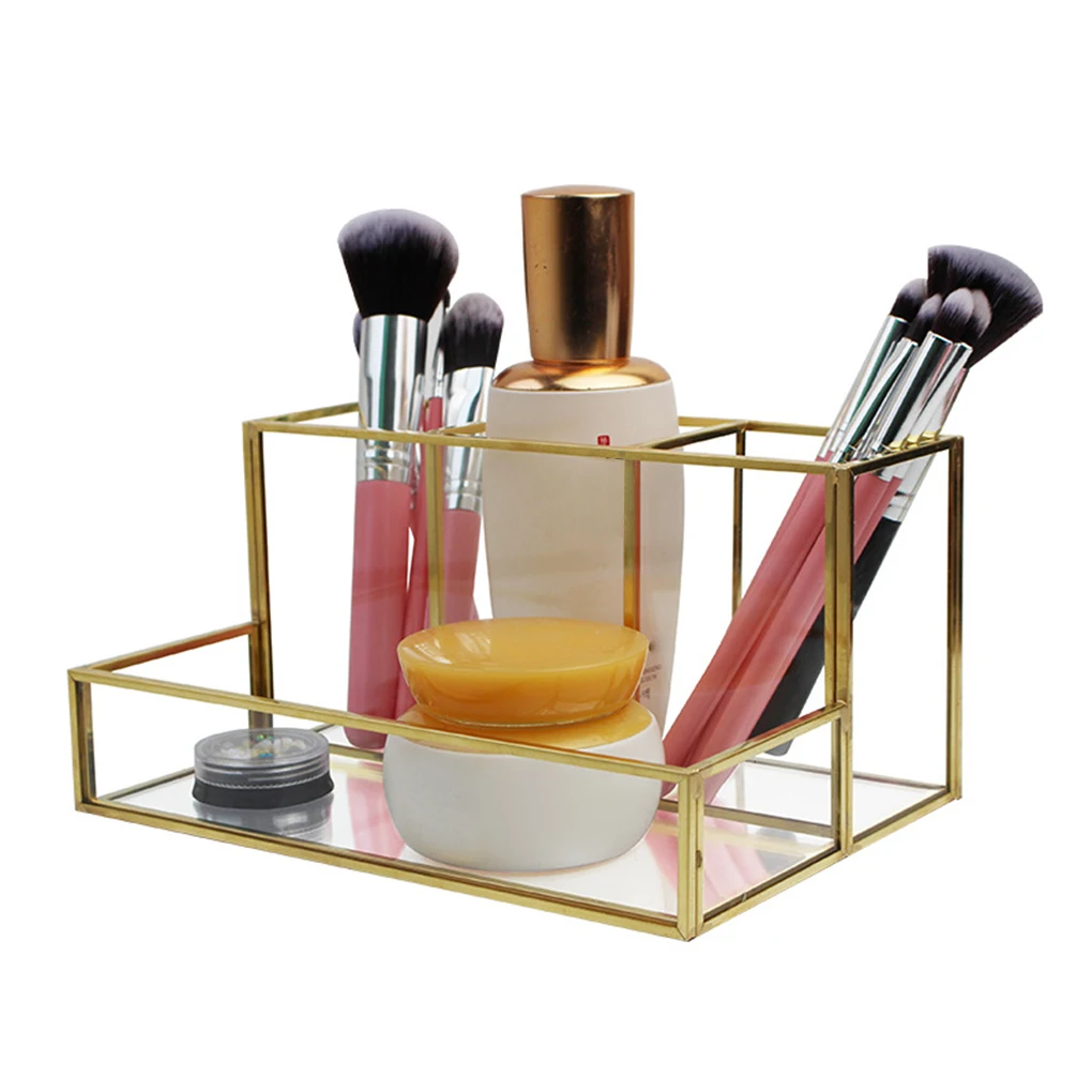 

Gold Glass Combined Cosmetic Box with Stackable Makup Brush Holer and Jewelry Tray Cosmetic Brush Eyeliner Display Pen