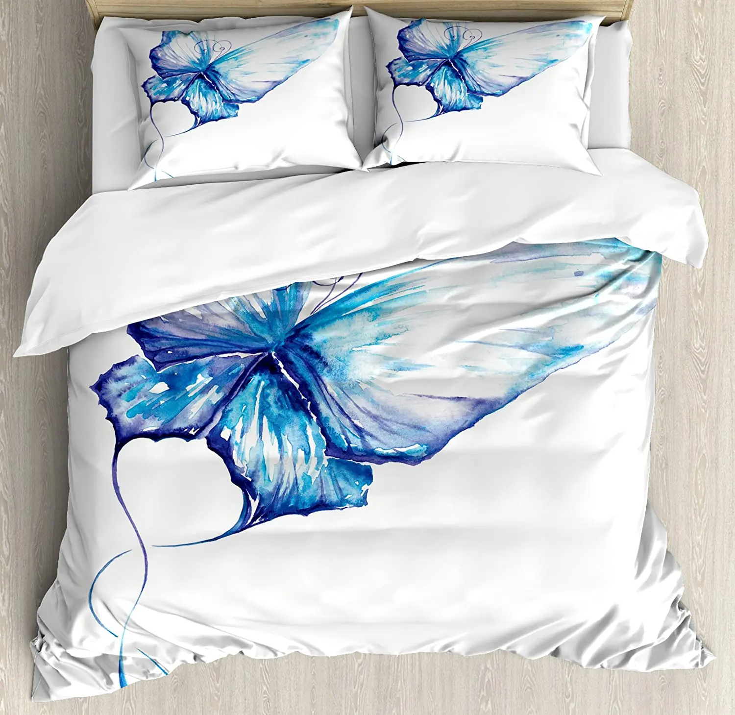 

Watercolor Bedding Set For Home Bed Hand Drawn Style Blue Butterfly Nature Inspired Art Brush Strokes in Soft Colors Duvet Cover