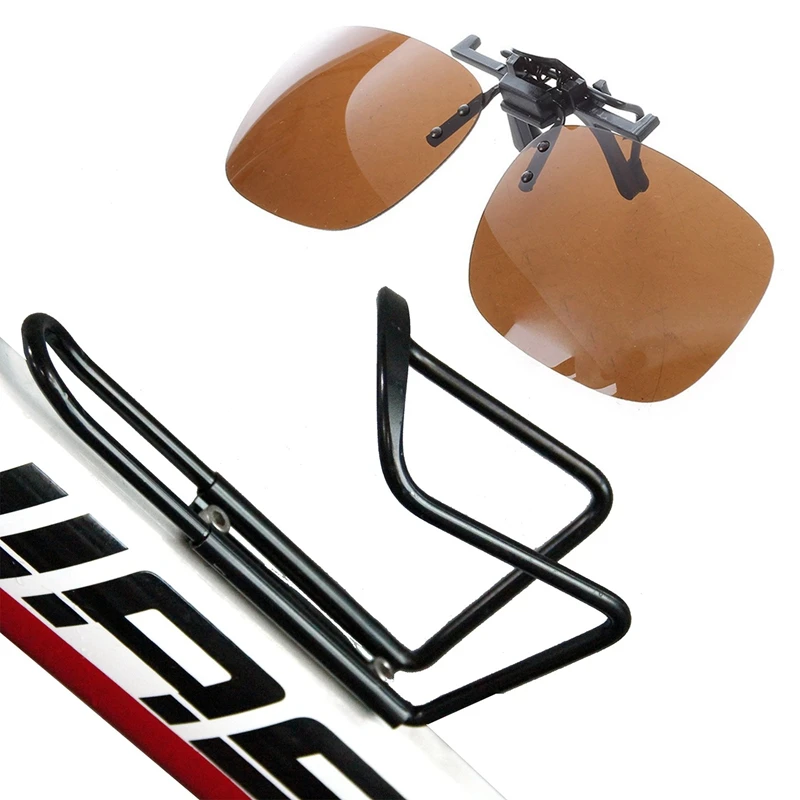 

1Pcs Bicycle Aluminum Alloy Water Bottle Holder (Black) & 1Pcs Unisex Dark Brown Rectangle Flip Up Clip On Polarized Sunglasses