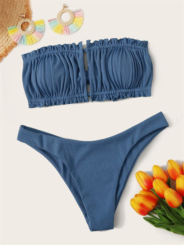

Bikini Women Swimsuit 2023 New Solid Ribbed Bandeau Bikinis Set Sexy Thong Swimwear Ruched Summer Beachwear Bathing Suit Female