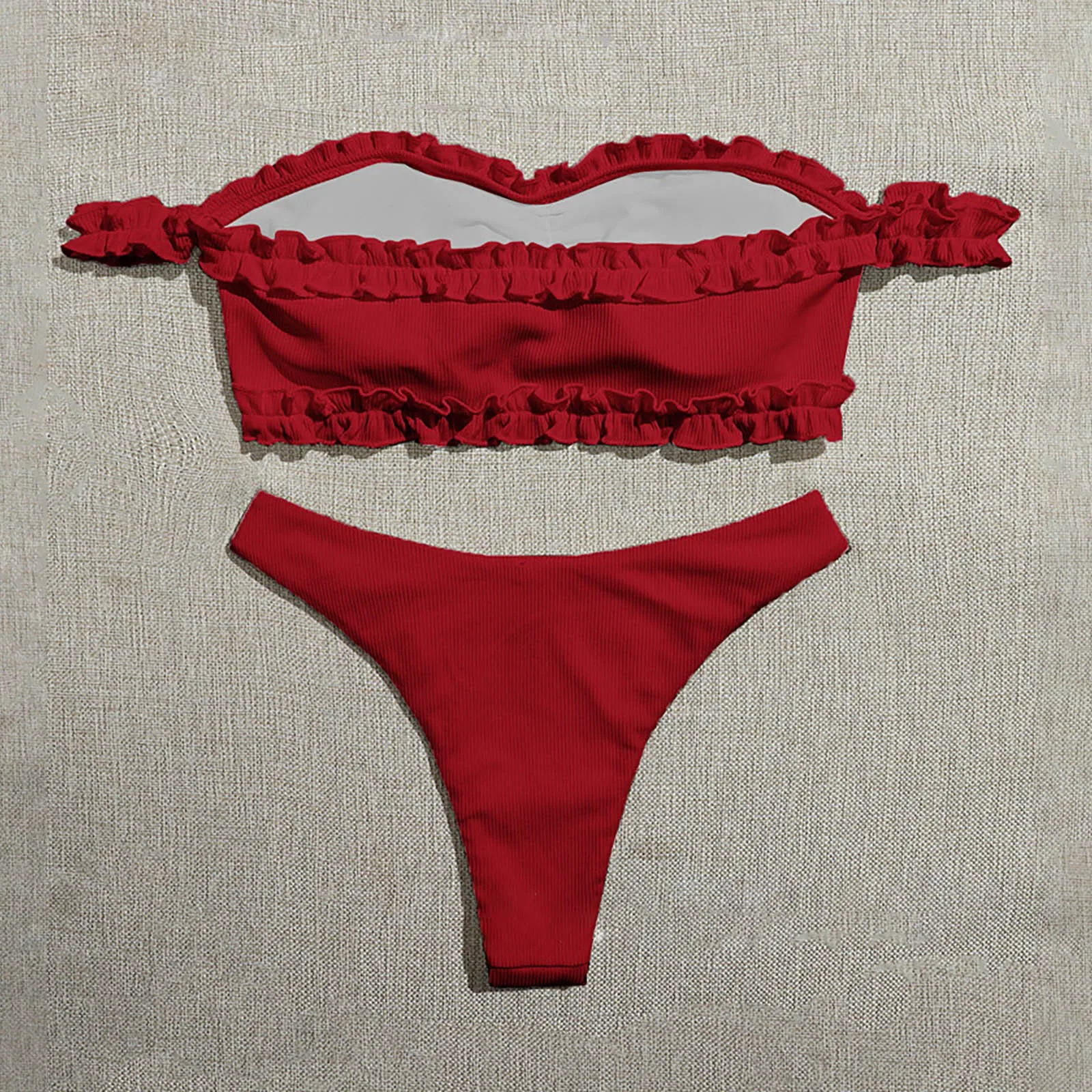 

Ruffle Split Swimsuits Women's Solid Color Bikini Swimsuit Two Piece Suits Slash Neck Push Up Strapless High Waist Monokini