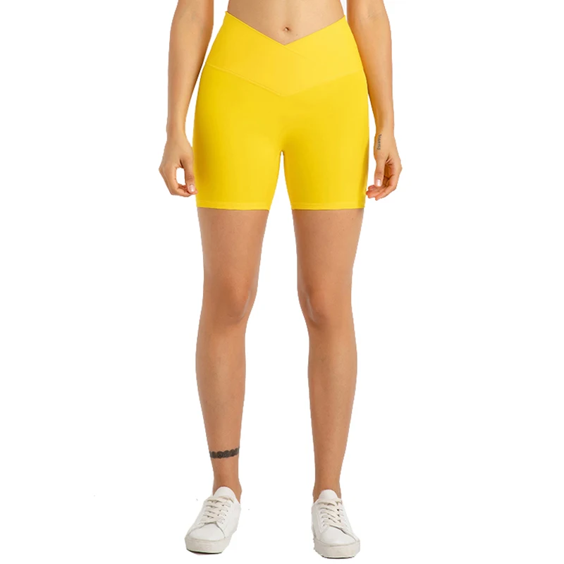 ABS LOLI 5'' Naked Feel Biker Shorts Women Cross Waist Gym Workout Athletic Shorts No Front Seam Fitness Running Sports Shorts