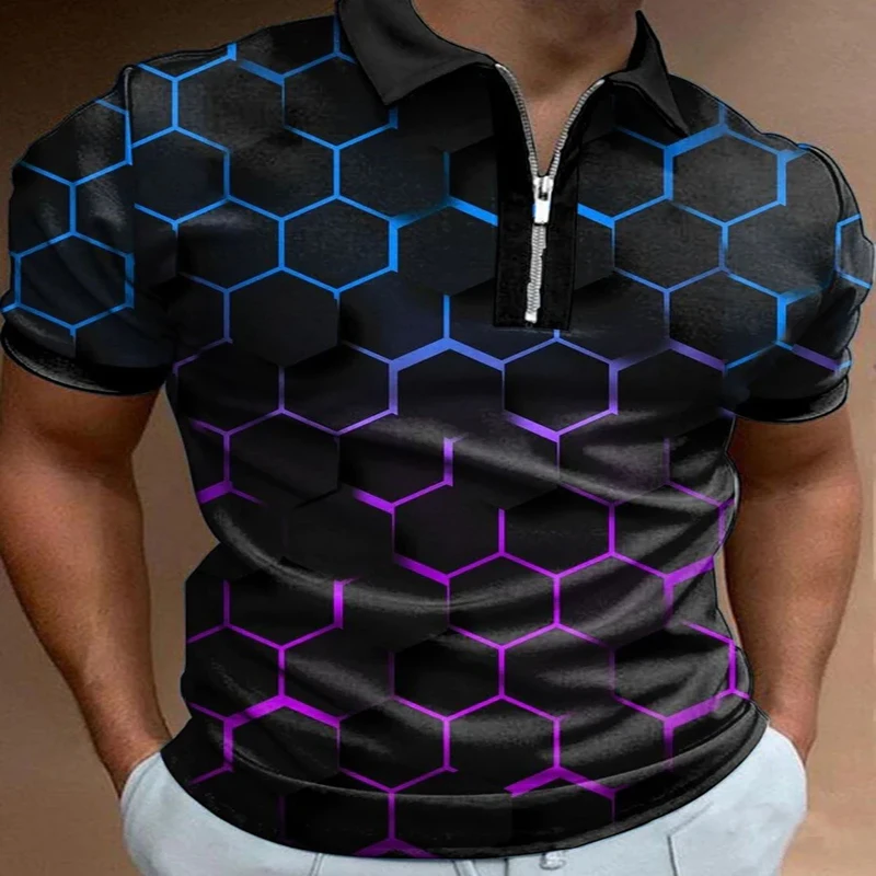 

Vintage Art Geometric Stripe 3D Print Polo Zipper Short Sleeve Shirt for Men