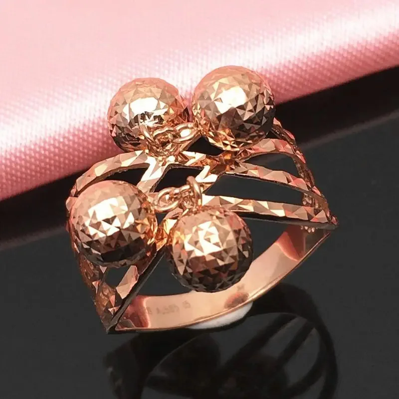 

585 Purple Gold 14K Rose Gold Shiny Round Multiple Bead Rings for Women Open Cutout Exquisite New Exaggerated Punk Jewelry