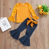 little girls clothes set fashion dot print long mesh sleeve o neck topssolid color flared denim trousers with belt 1 6years