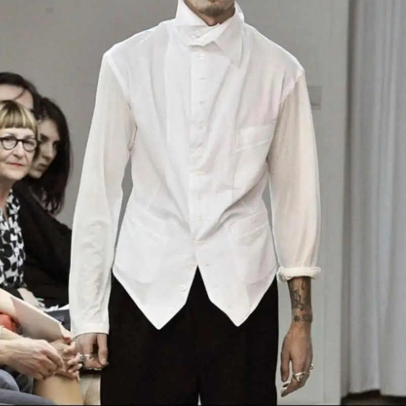 Summer Men's New Personalized Custom Fashion Large Size Sleeve Asymmetric Cotton Long-sleeved Shirt S-6XL