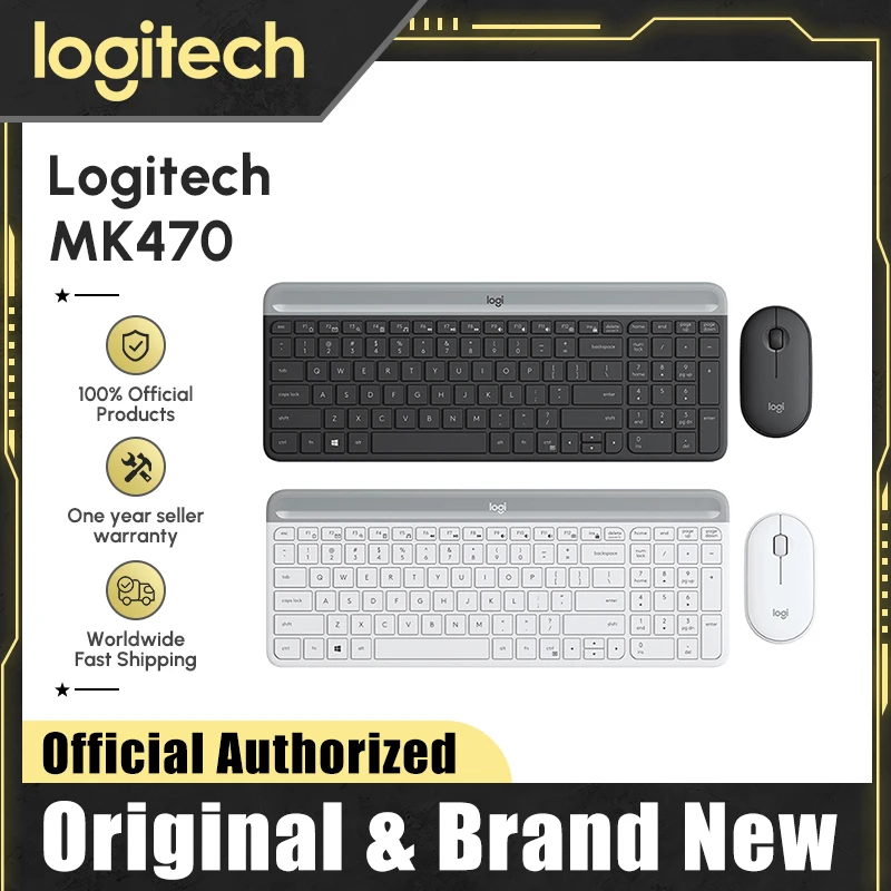 

Logitech Slim Wireless Keyboard And Mouse Combo MK470 Compact Keyboards Pebble Mice Set 12FN Shortcuts USB Receiver 2.4 GHz Home