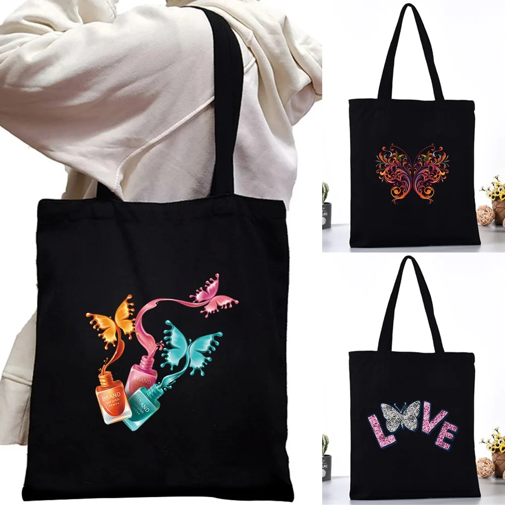 

Women Canvas Shoulder Bag Fashion Butterfly Series Tote Shoppers Bags Eco Organizer Large Handbags Folding Grocery Shopping Pack