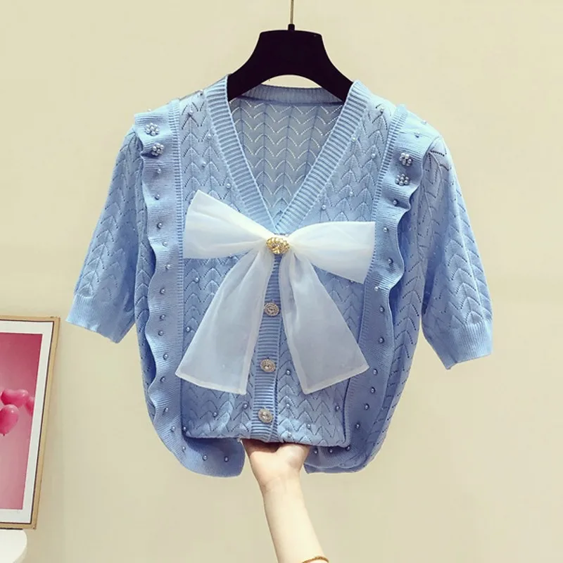 

Diamond Mesh Bow Beaded V-neck Short-Sleeved Sweater Top for Women 2022 Summer New Thin Knitwear Girls Lady Sweet Knitting Shirt
