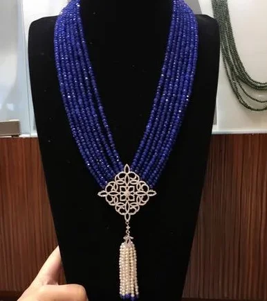 Hand knotted natural 7row 2x4mm blue jade multilayer white freshwater pearl zircon micro inlay accessories tassel necklace