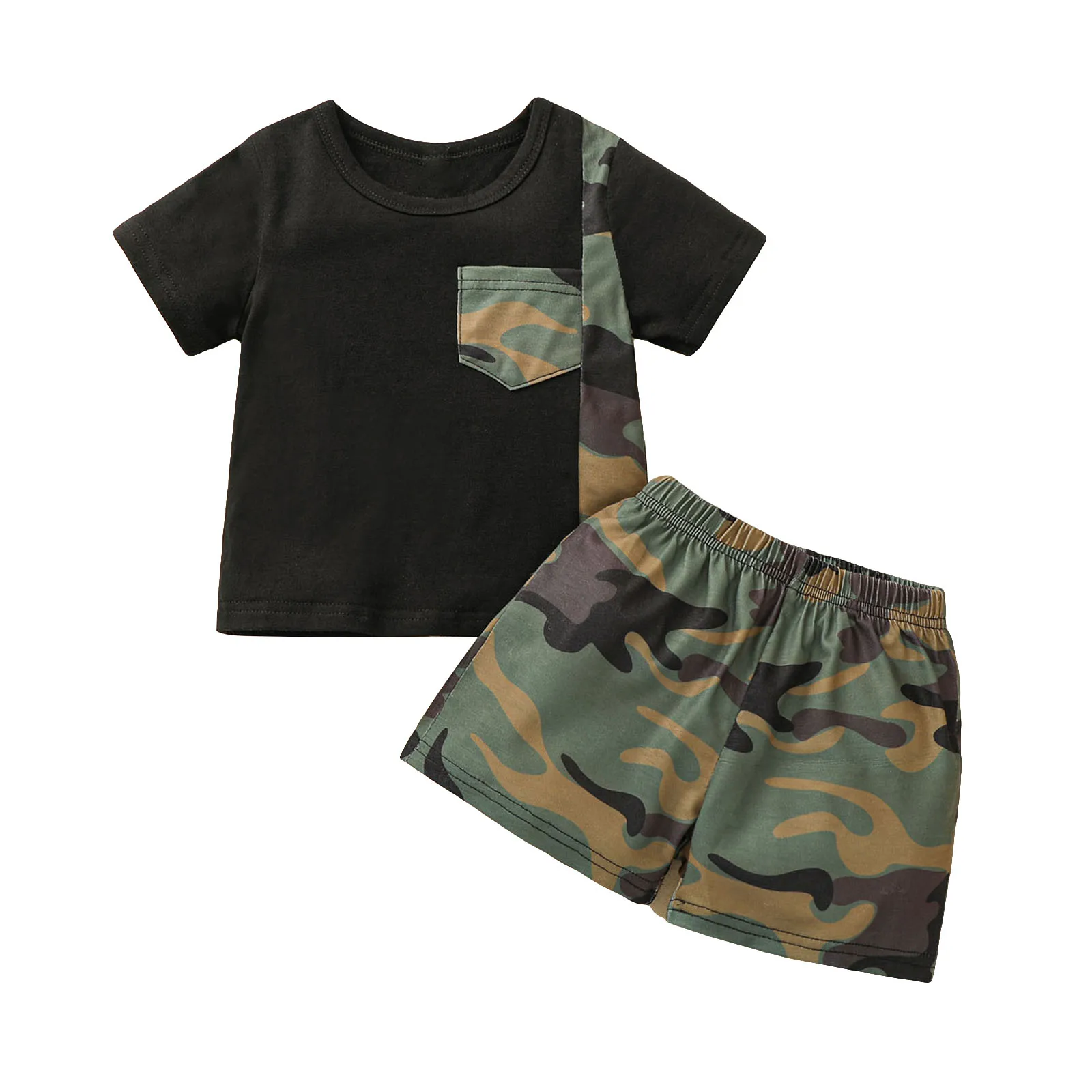 

2Pcs Toddler Baby Boys Summer Tracksuit Splicing O-Neck Short Sleeves T-Shirt + Camouflage Shorts for Kids 3 Months to 3 Years