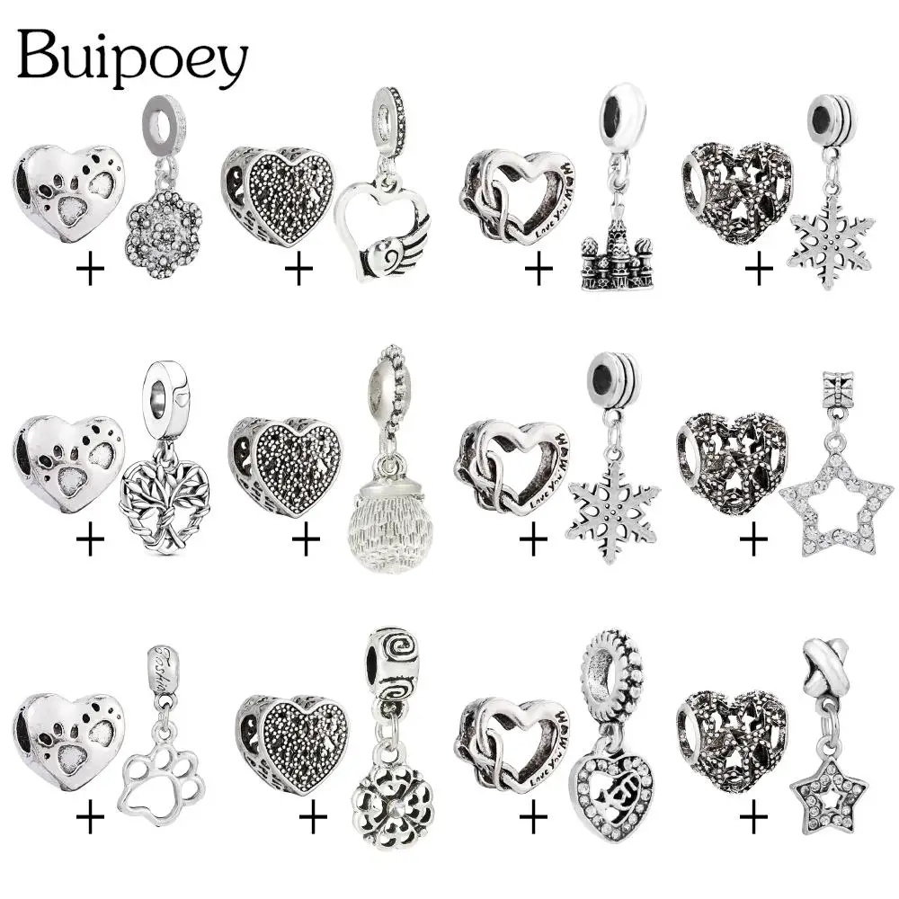 

Buipoey 2pcs/lot Silver Color Star Heart Beads & Footprint Snowflake Charm Combination Diy Bracelet Necklace Jewelry Accessory