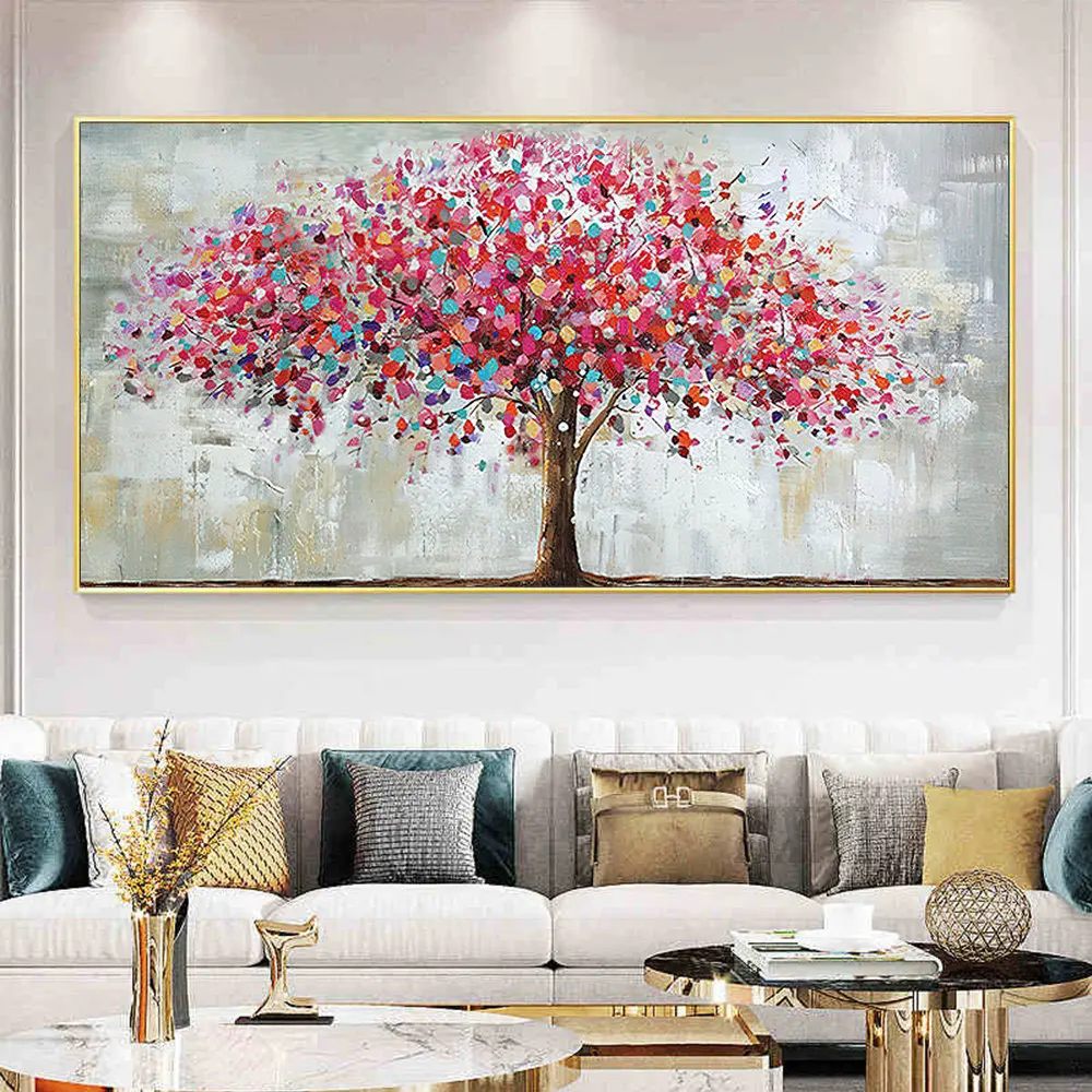 

Blooming Colorful Tree On Canvas Abstract Plant Floral Oil Painting Tree Landscape Bohemian Style Large Wall Art Home