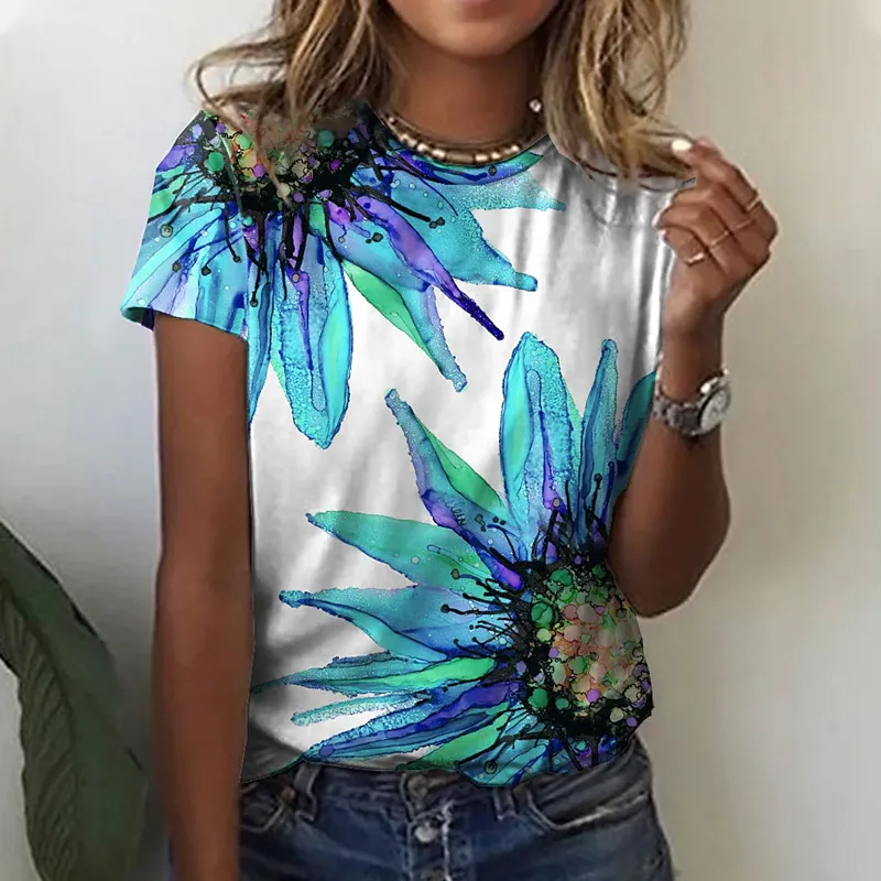 

Women's New Flower Short Sleeve Outdoor Street Summer Women's Polyester Fabric Round Neck Top Art Pattern T-shirt New October 20