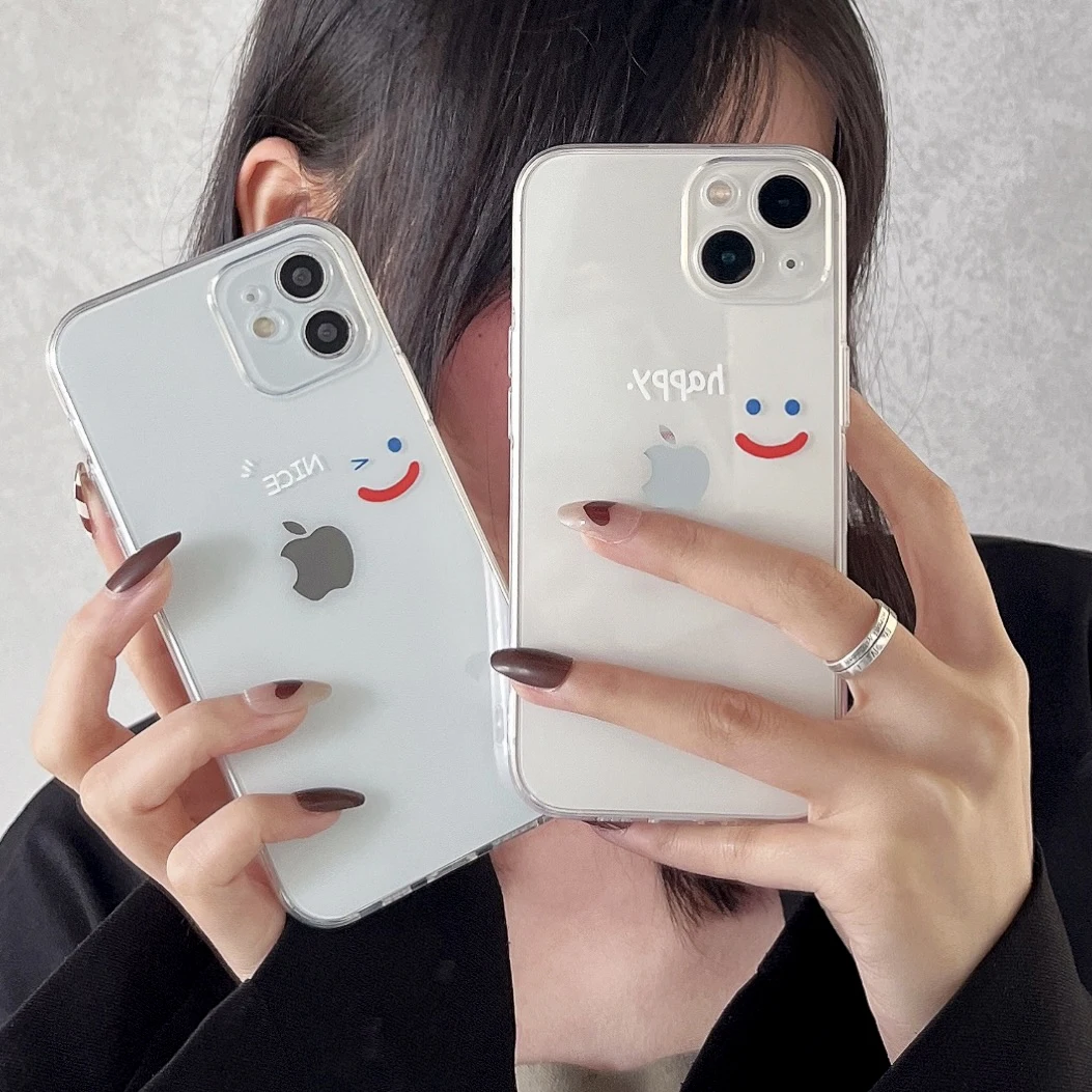 

Cute Simple Smile Face Couple Case for IPhone 14 Pro Max 13 12 11 MINI X XS MAX XR 7 8Plus Transparent Soft Silicone Phone Cover