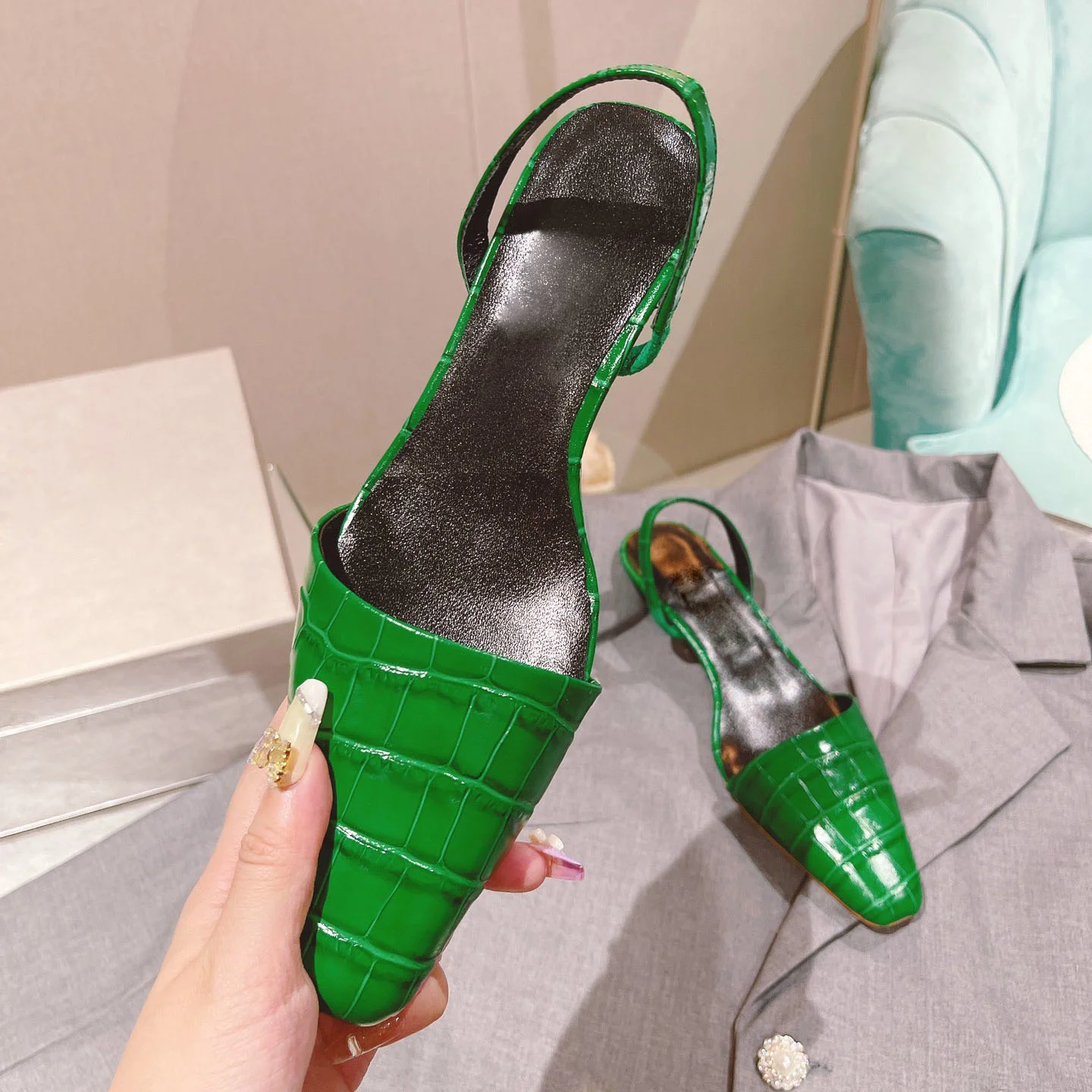 

Pumps Spring Sexy Square Toe Genuine Leather Slip-On Women Pumps Elegant Women Shoes Slingbacks Shoes Woman Fashion Pumps Woman