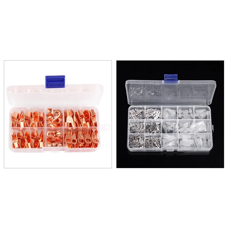 

270 Pcs Male Female Spade Connector Wire Crimp Terminal Block With Insulating Sleeve Assortment Kit & 70 Pcs Barrel Copper Ring
