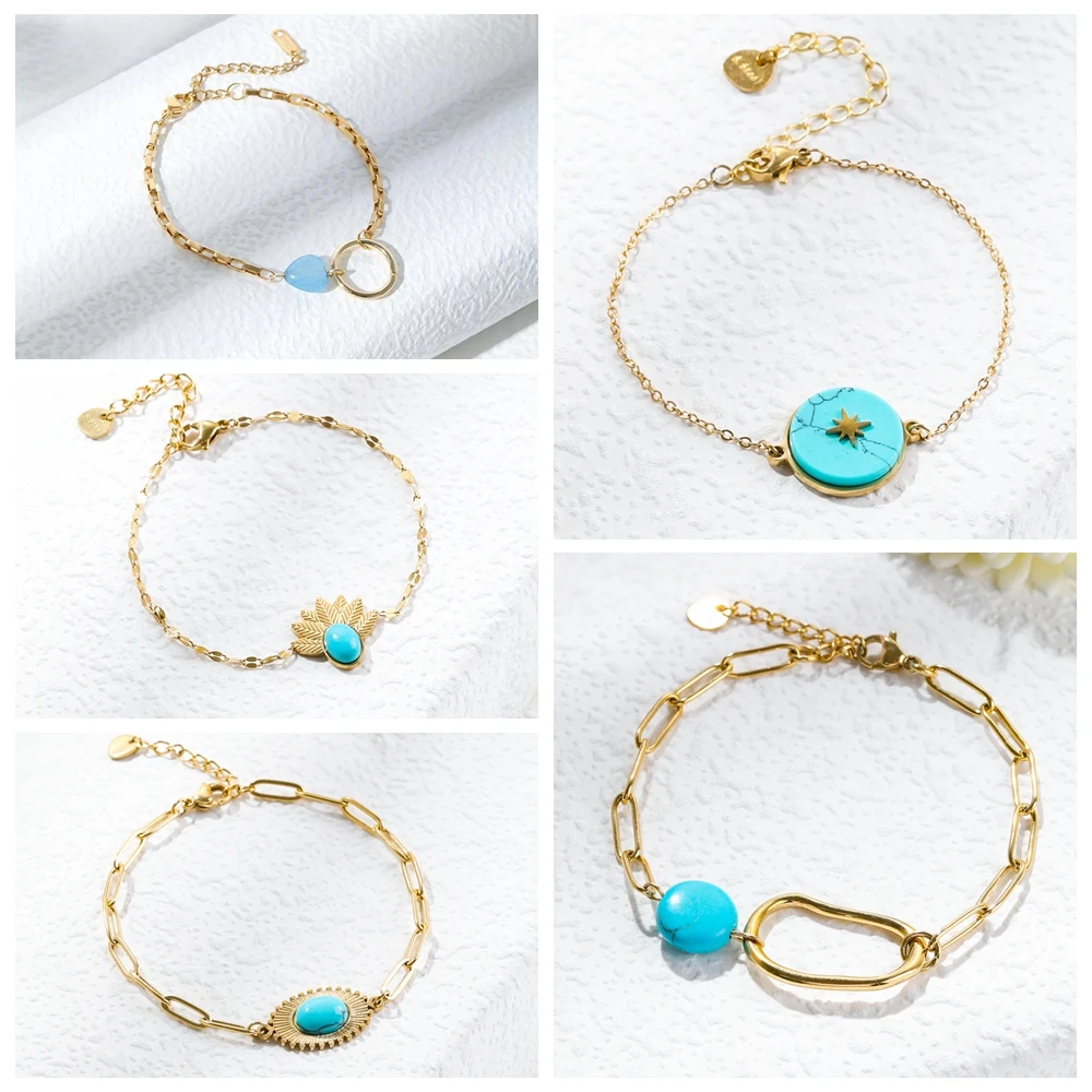 

ins simple fashion 18K real gold turquoise beads bohemian style bracelet creative chain design for cute grils wholesale 2023