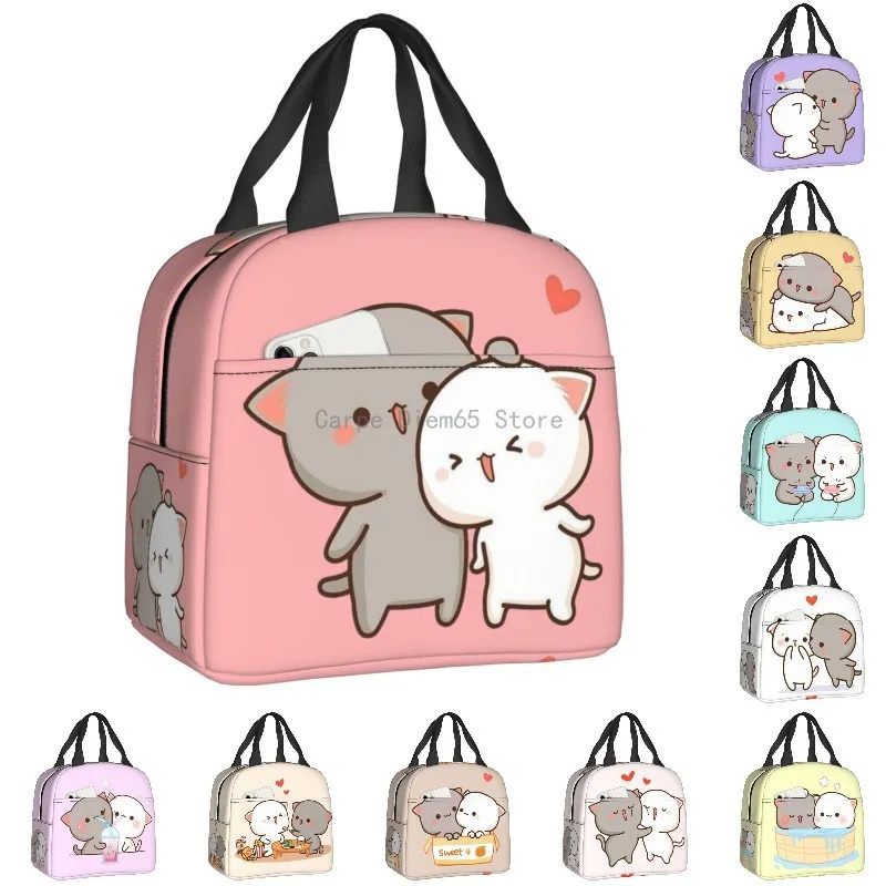 

Peach And Goma Insulated Lunch Bag for Women Portable Cooler Thermal Cartoon Mochi Cat Bento Box School Work Picnic Lunch Box