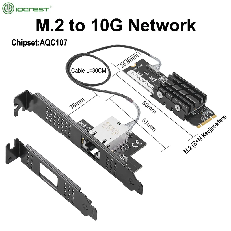 Сетевой адаптер IOCREST с M.2 на один порт 10 Гбит/с Ethernet Gigabit Nic B Key M Key 10G/2,5G/1000M RJ45 Lan чип AQC107