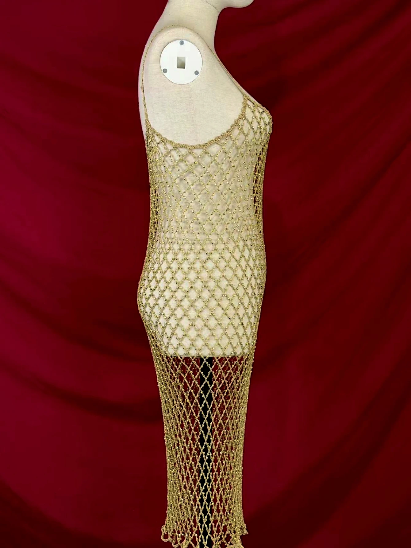 Женское сетчатое платье ручной работы с блестящими кристаллами украшенное