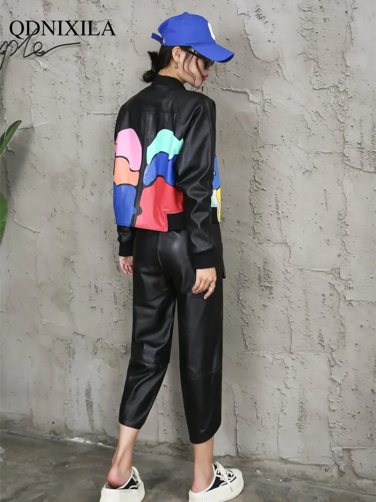 Sheepskin Coat for Women Graffiti Colorful Beauty Figure New Outerwear Leather Jacket Loose Leisure Coat Women's Bomber Jacket