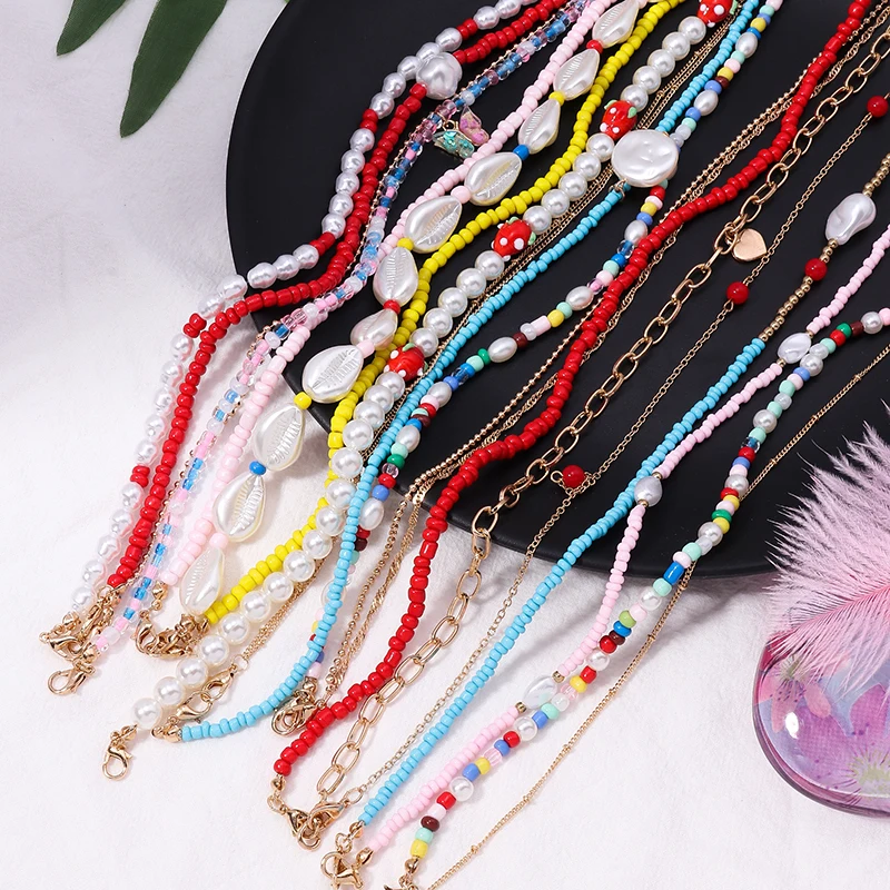 

Handmade Imitation Pearls Shell Bear Beaded Necklace For Women Acrylic Bead Strand Choker Collar Bohemian Jewelry Trendy New